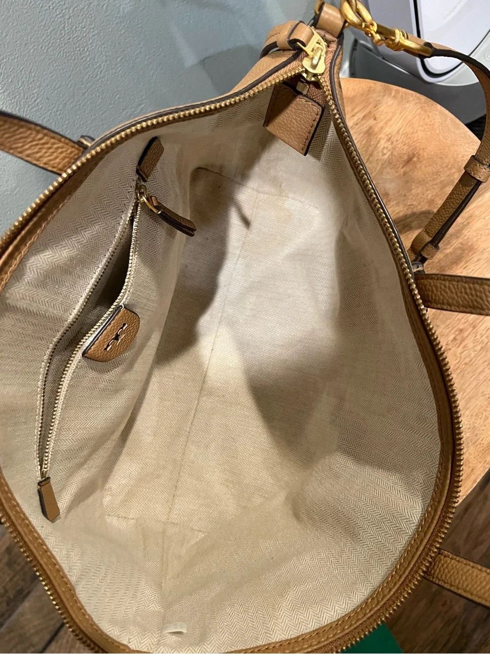 Tory Burch Macgraw Camel/Tan Pebbled Leather Tote with Logo
